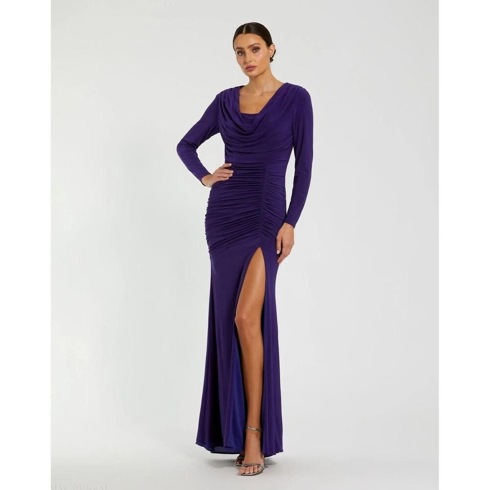 Ieena for Mac Duggal Purple Long Sleeve Cowl Neck Ruched Jersey Gown Size S